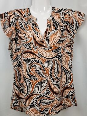 Haver London Black & Apricot Leaf-Print Flutter Sleeve Tunic. Tribal-like.